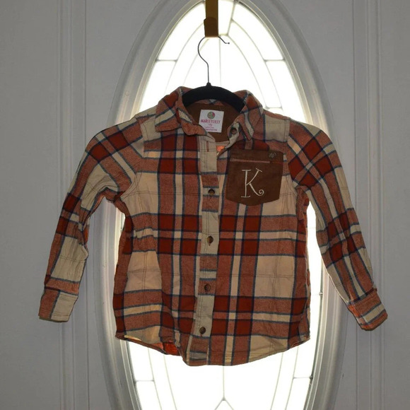 Marleylilly Girls Top YS Plaid Button Down Long Sleeve Orange Navy - Picture 1 of 4